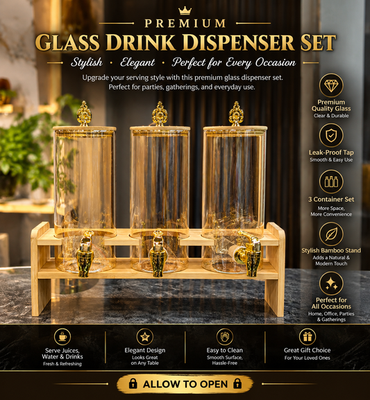 ✨ Premium 3-Piece Glass Drink Dispenser Set with Wooden Stand 🥤👑