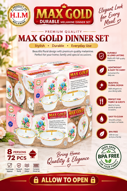 🌸 Max Gold Premium Melamine Dinner Set — 72 Pcs | 8 Persons 🍽️
