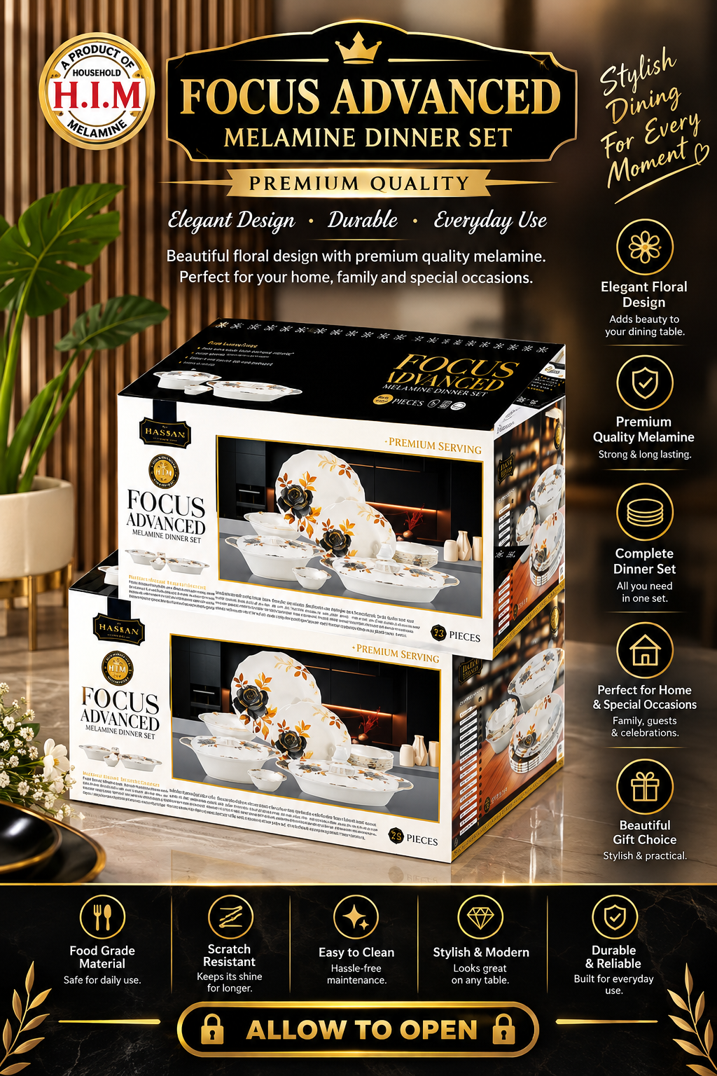 🌹 FOCUS ADVANCED Premium Melamine Dinner Set – 72 Pieces 🍽️✨