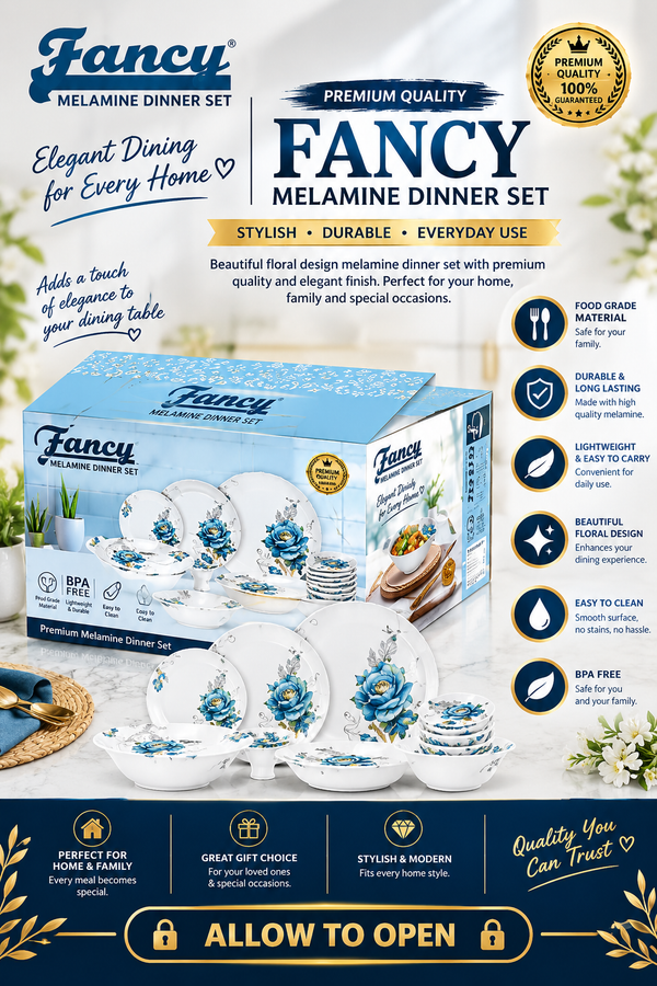 ✨ Premium Fancy Melamine Dinner Set | Elegant Floral Design & Break-Resistant 🍽️💙
