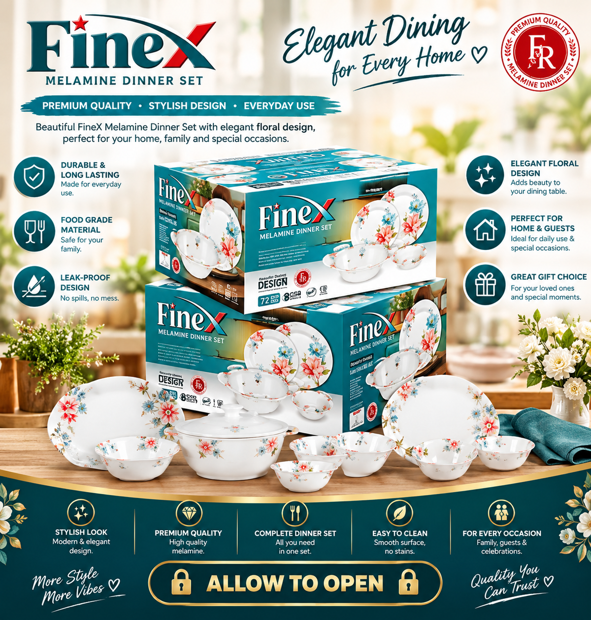 ✨ Luxury FineX Melamine Dinnerware Set (72 Pieces) | Elegant Floral Print & Glass Lids 🍽️💖