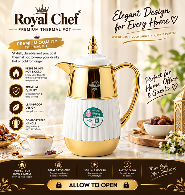 Premium Thermal Flask – Elegant Golden & White Design 👑🤍✨