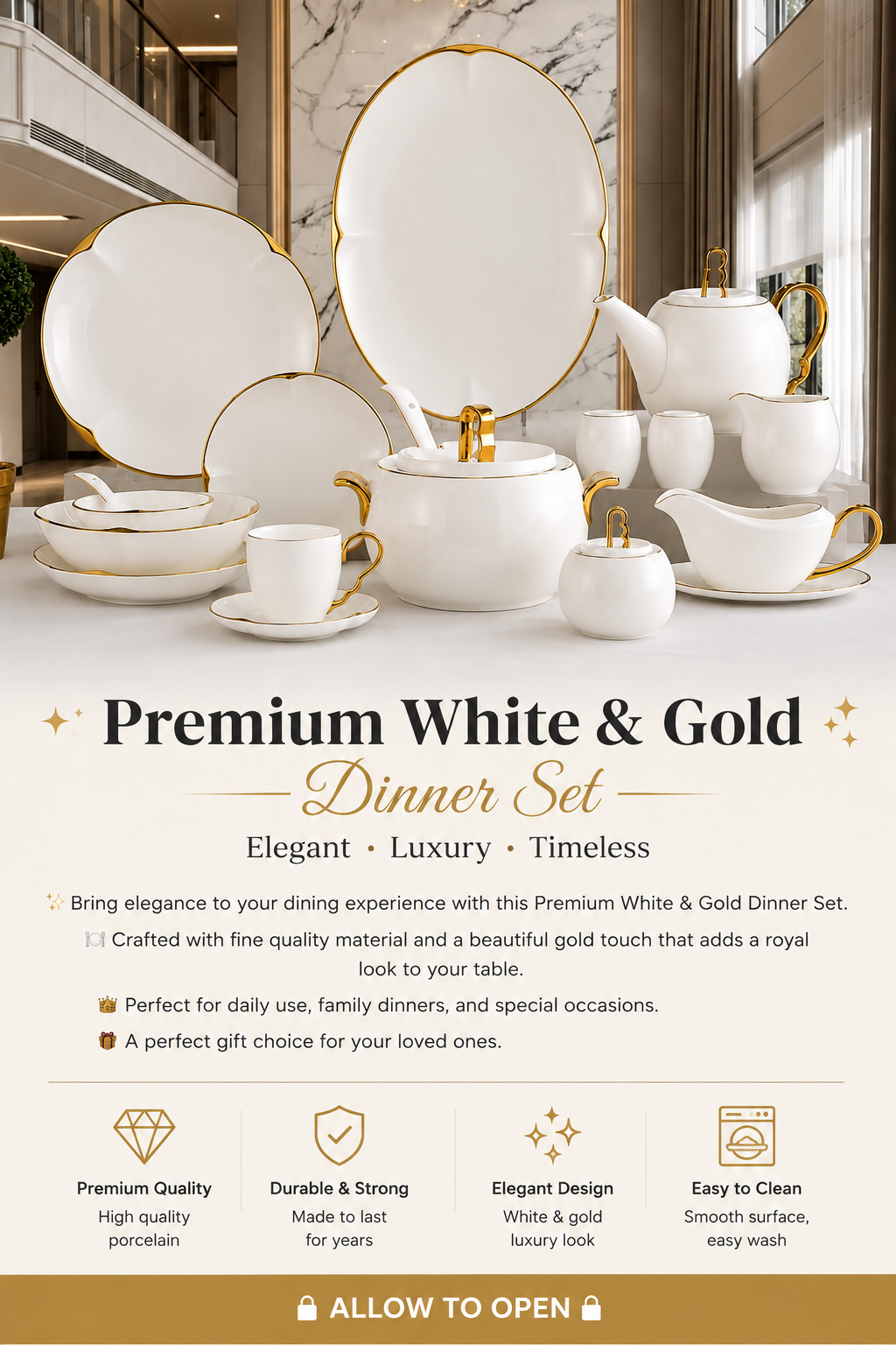 ✨ Premium White & Gold Dinner Set – Elegant Luxury for Your Dining Table 👑🤍