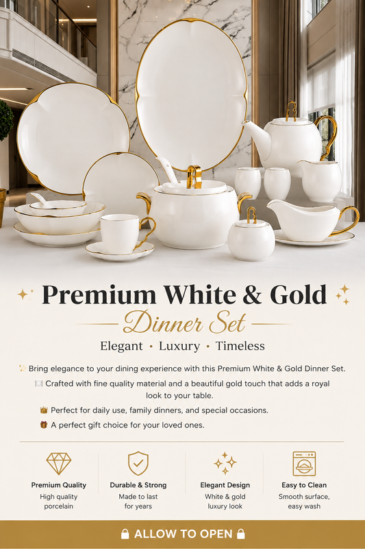 ✨ Premium White & Gold Dinner Set – Elegant Luxury for Your Dining Table 👑🤍