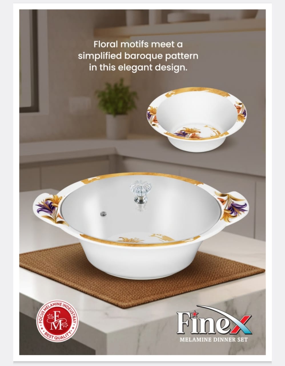 ✨ Luxury FineX Melamine Dinnerware Set (72 Pieces) | Elegant Floral Print & Glass Lids 🍽️💖