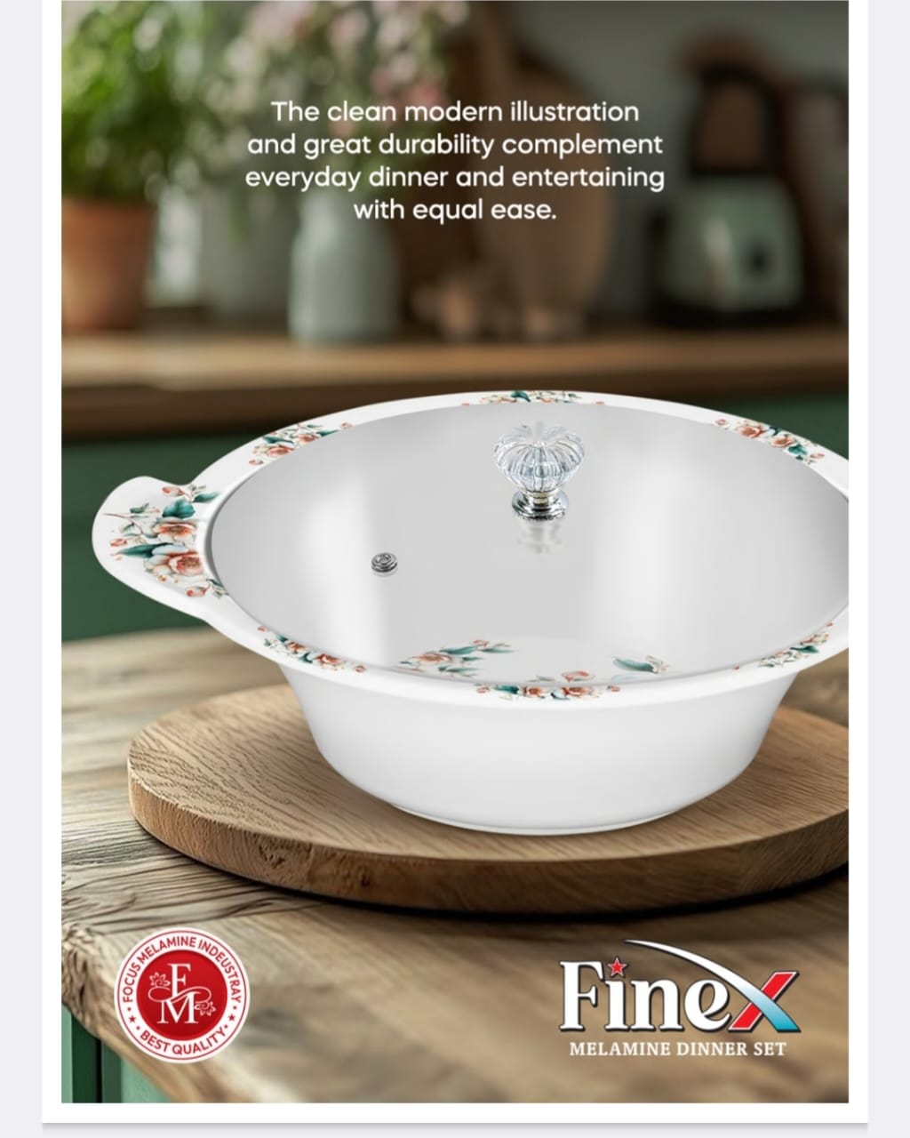 ✨ Luxury FineX Melamine Dinnerware Set (72 Pieces) | Elegant Floral Print & Glass Lids 🍽️💖