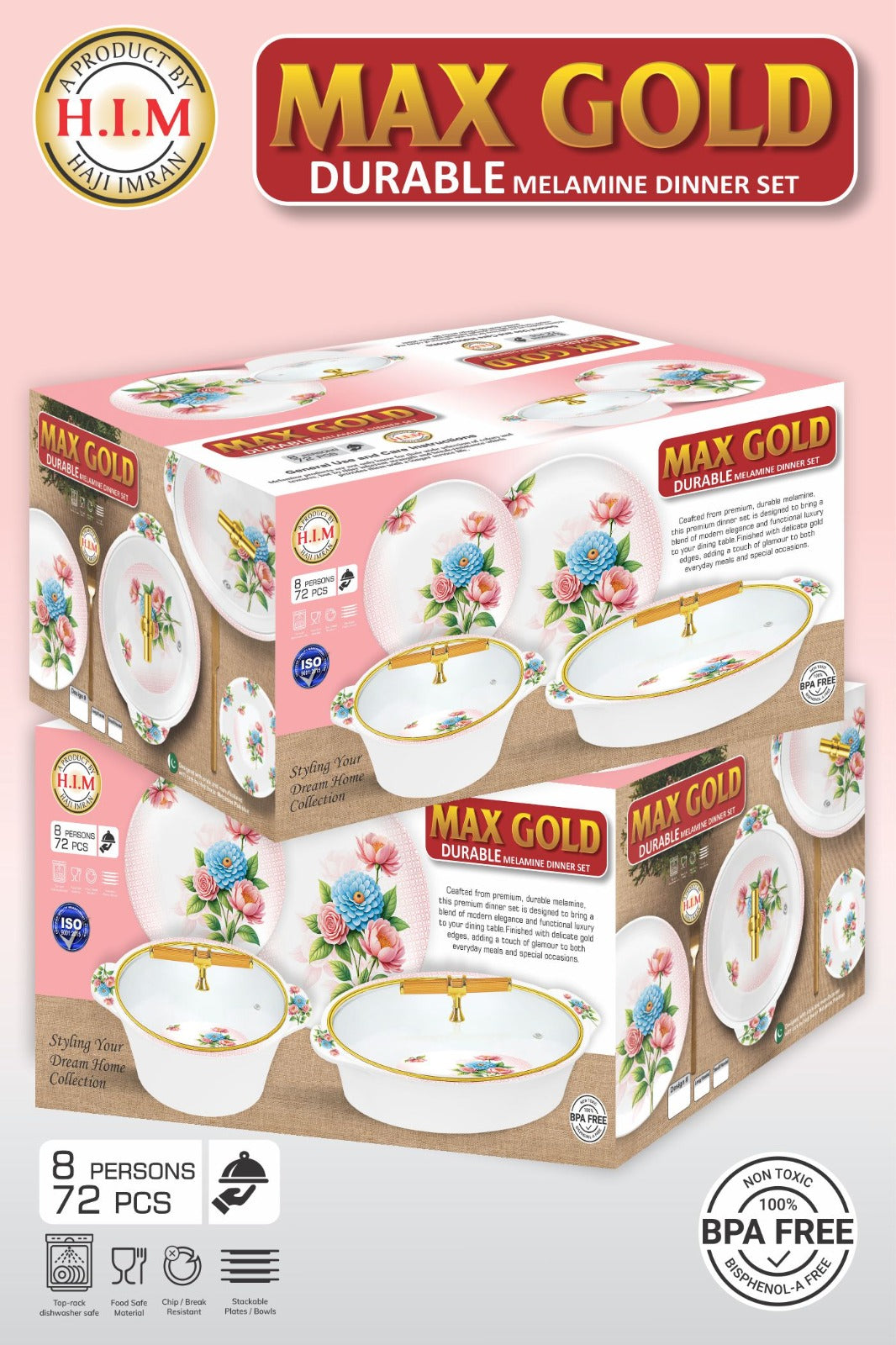 🌸 Max Gold Premium Melamine Dinner Set — 72 Pcs | 8 Persons 🍽️