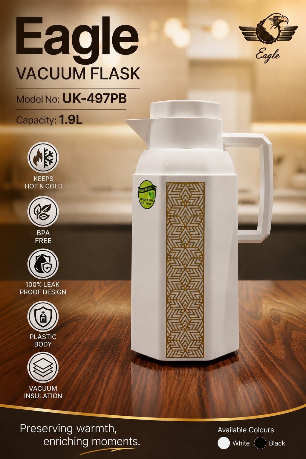 Premium Thermal Flask – Elegant Golden & White Design 👑🤍✨