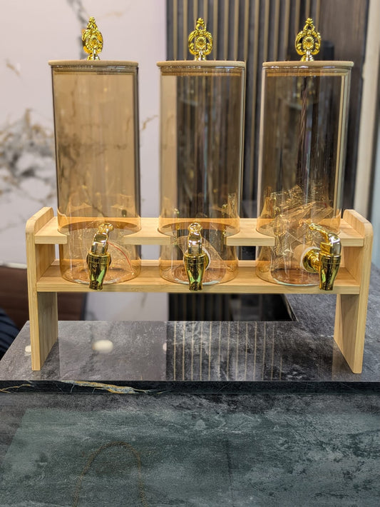 ✨ Premium 3-Piece Glass Drink Dispenser Set with Wooden Stand 🥤👑